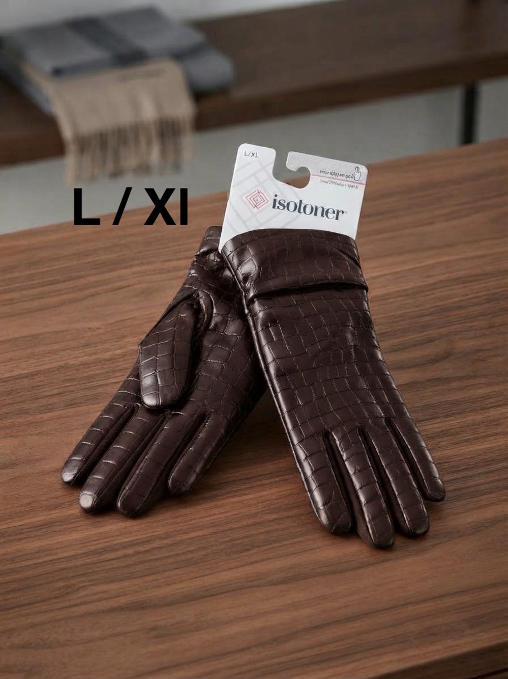 NWT Isotoner Unisex Brown Croc Leather Touchscreen Gloves - Size L/XL